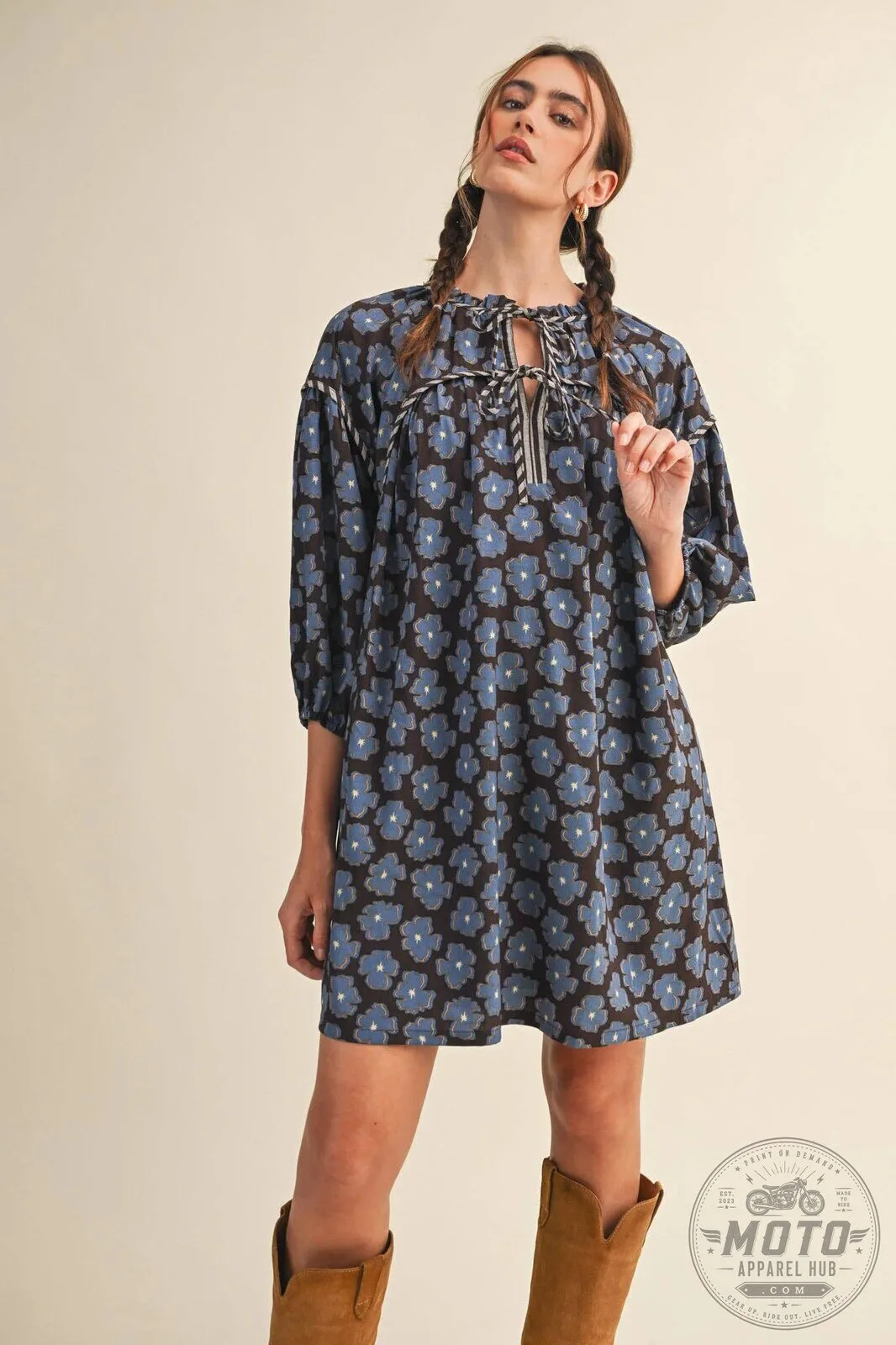 Blue Floral Tie Neck Long Sleeve Loose Fit Mini Dress 11 Blue Floral Tie Neck Long Sleeve Loose Fit Mini Dress
