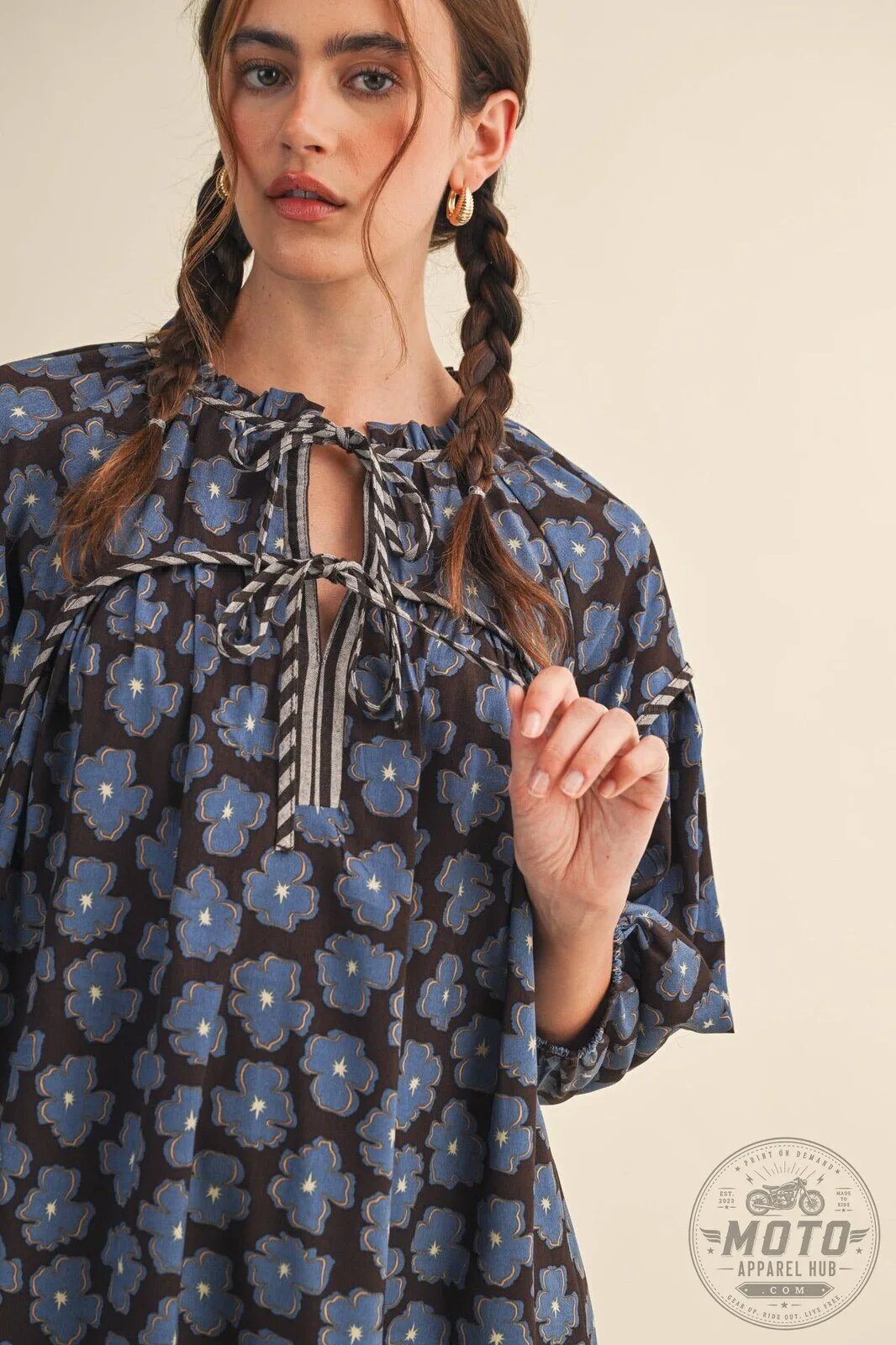Blue Floral Tie Neck Long Sleeve Loose Fit Mini Dress 12 Blue Floral Tie Neck Long Sleeve Loose Fit Mini Dress