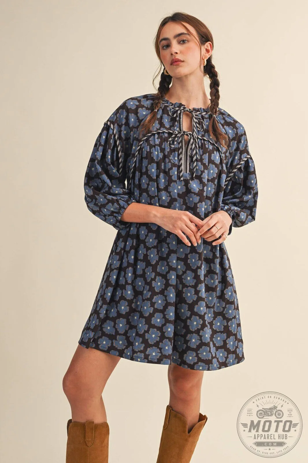 Blue Floral Tie Neck Long Sleeve Loose Fit Mini Dress 13 Blue Floral Tie Neck Long Sleeve Loose Fit Mini Dress