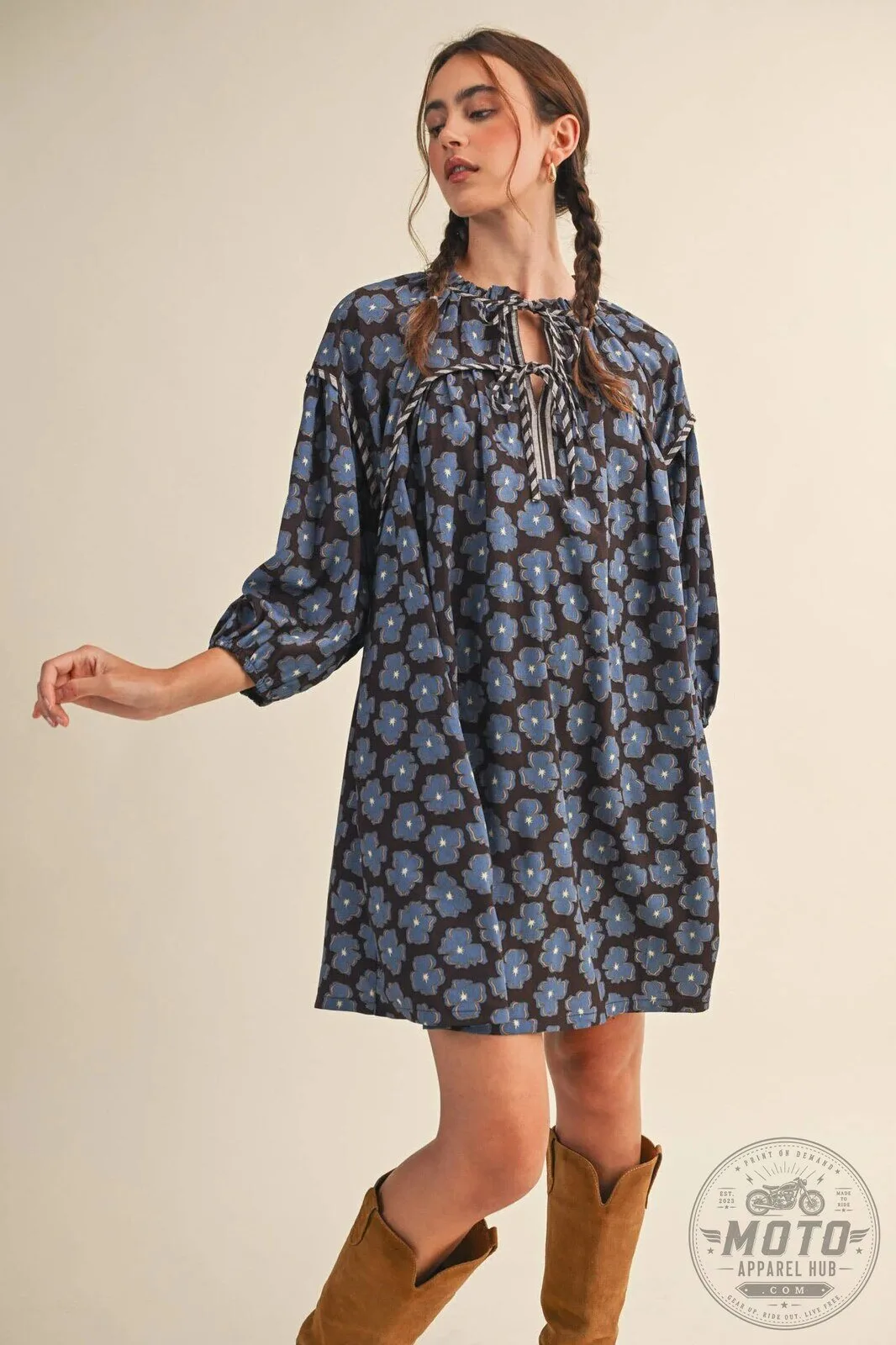 Blue Floral Tie Neck Long Sleeve Loose Fit Mini Dress 14 Blue Floral Tie Neck Long Sleeve Loose Fit Mini Dress