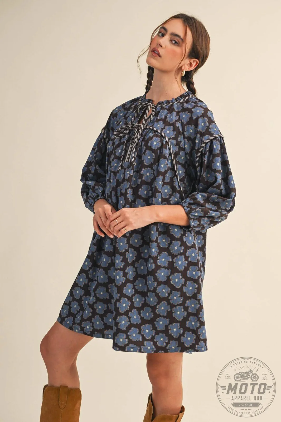 Blue Floral Tie Neck Long Sleeve Loose Fit Mini Dress 15 Blue Floral Tie Neck Long Sleeve Loose Fit Mini Dress