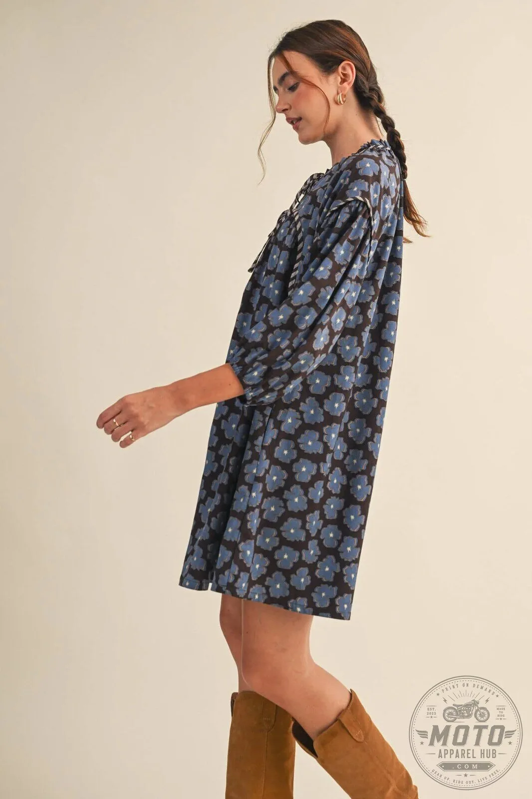 Blue Floral Tie Neck Long Sleeve Loose Fit Mini Dress 16 Blue Floral Tie Neck Long Sleeve Loose Fit Mini Dress