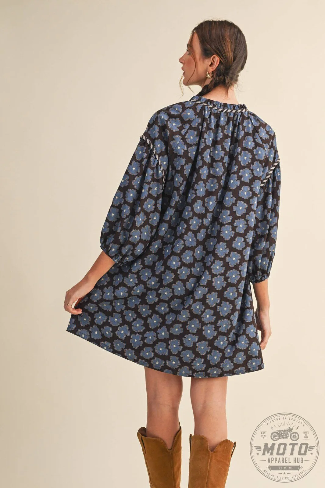 Blue Floral Tie Neck Long Sleeve Loose Fit Mini Dress 17 Blue Floral Tie Neck Long Sleeve Loose Fit Mini Dress
