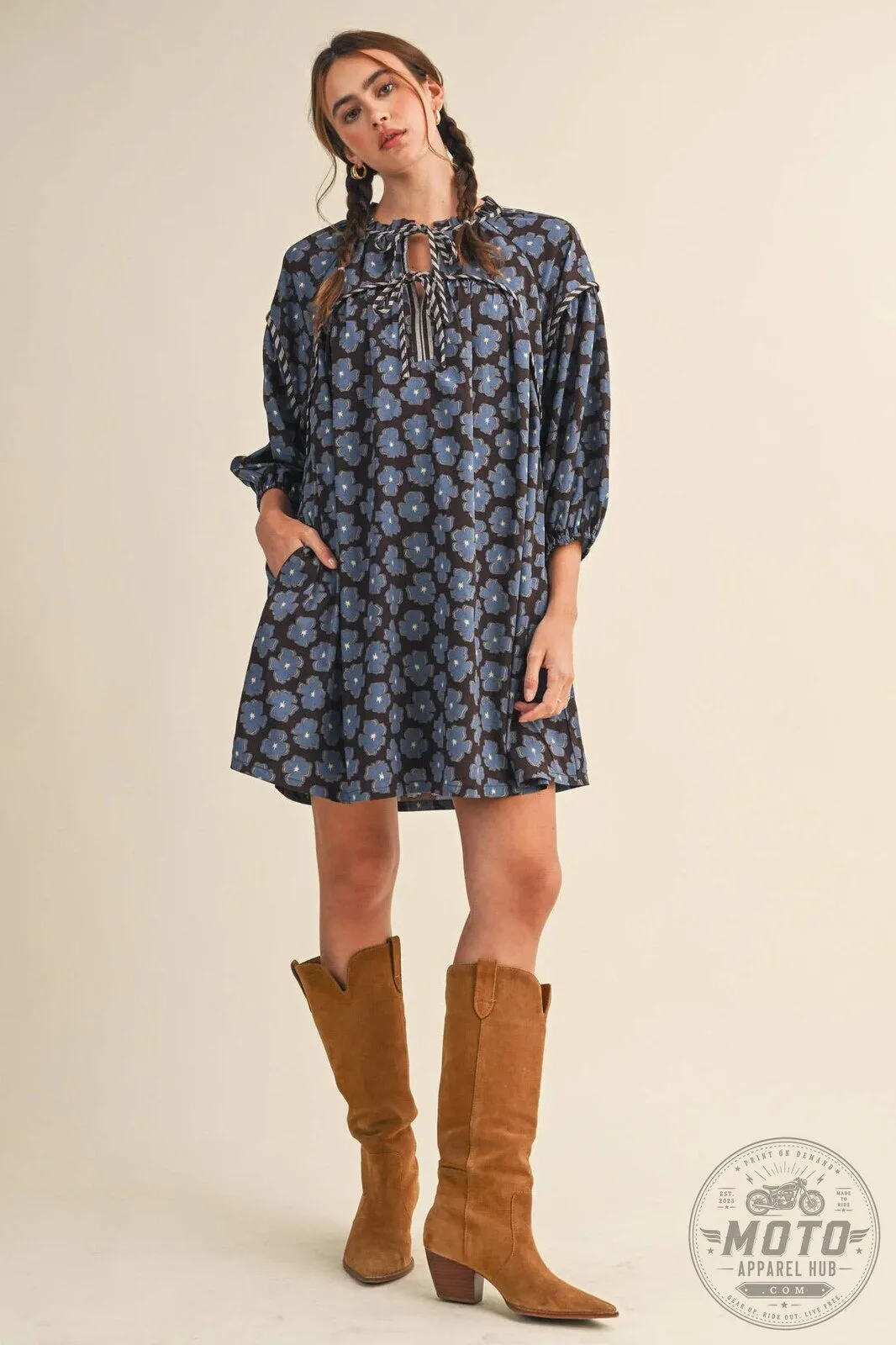 Blue Floral Tie Neck Long Sleeve Loose Fit Mini Dress 18 Blue Floral Tie Neck Long Sleeve Loose Fit Mini Dress