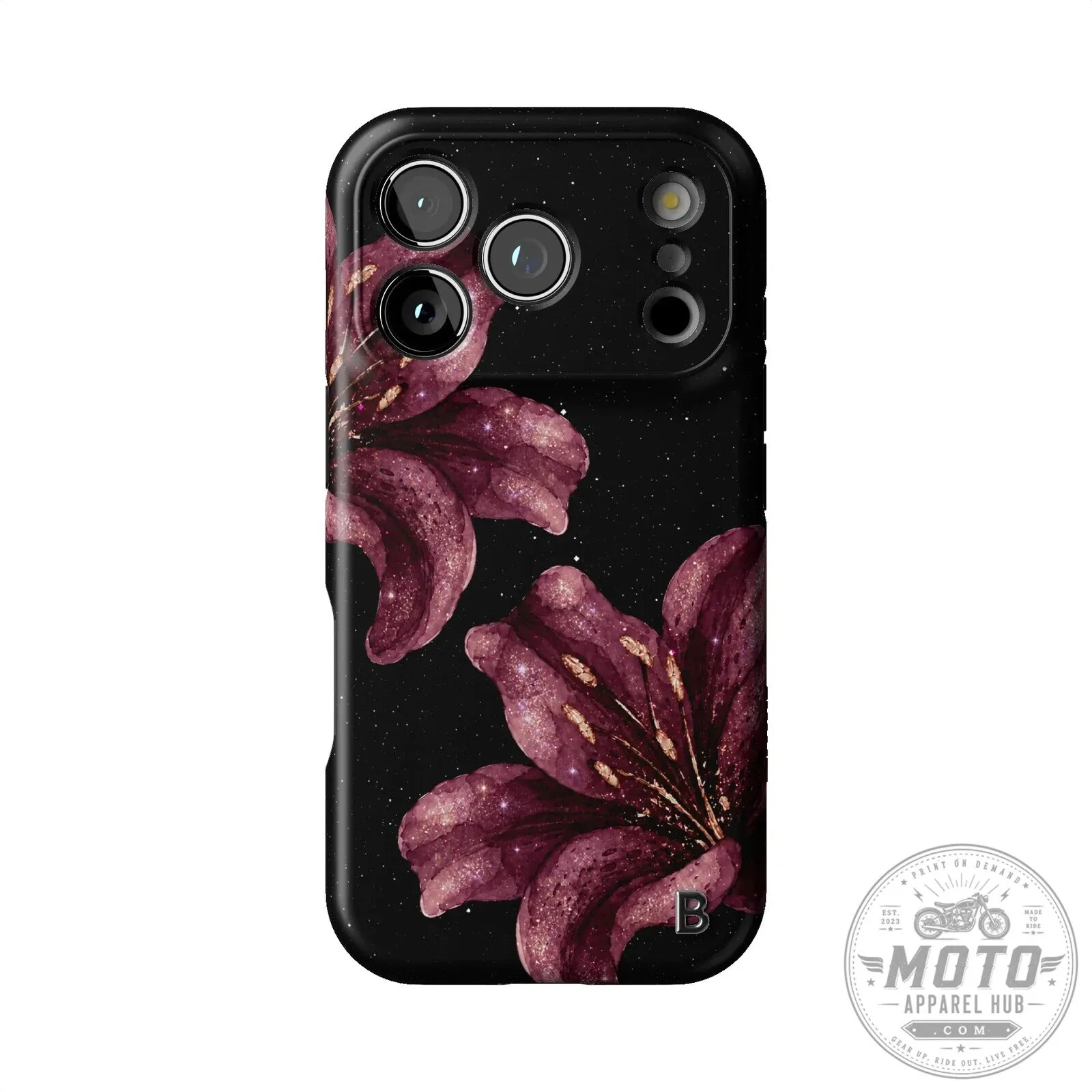Sparkling Burgundy Floral Design Black Background iPhone Case
