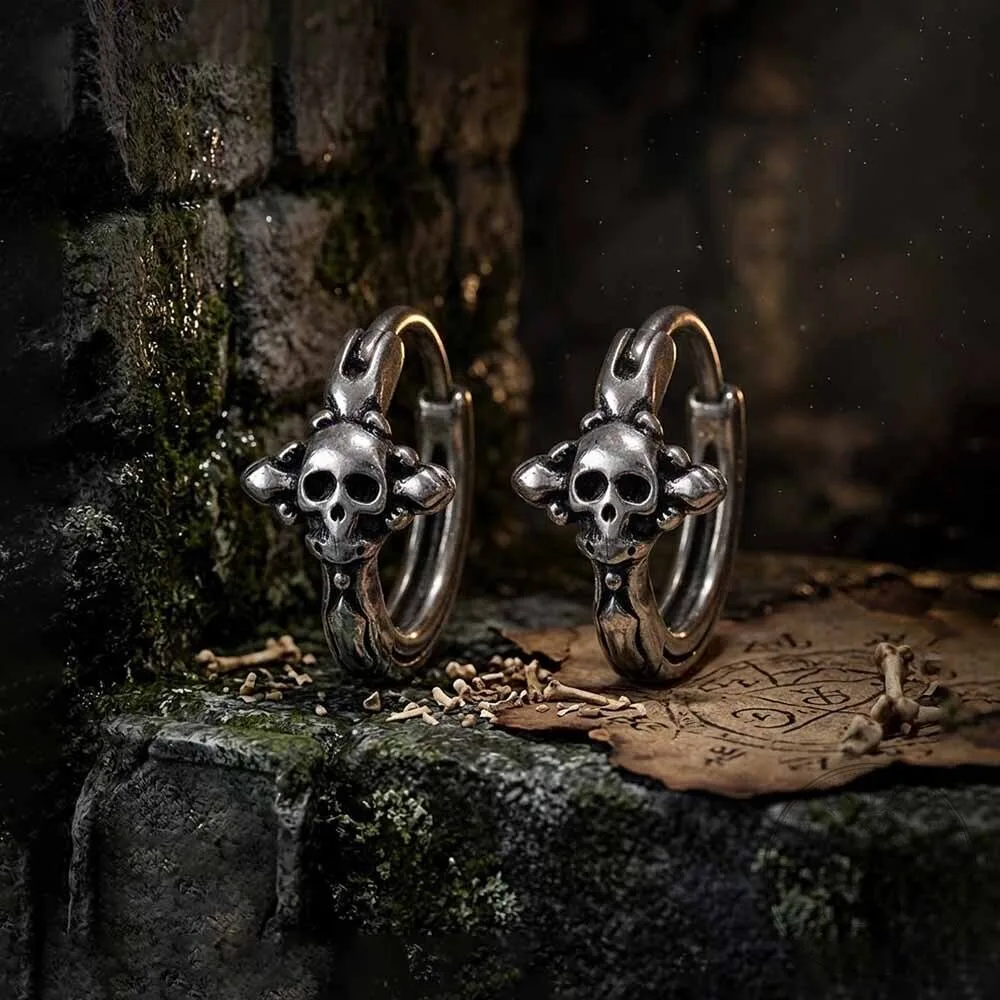 Gothic Skull Head Cross Stainless Steel Hoop Earrings