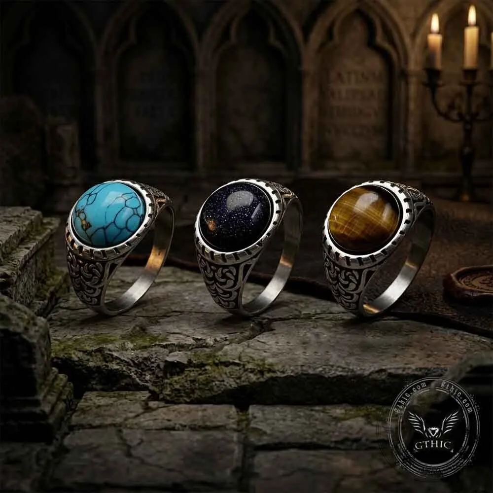 Vintage Patterned Gemstone Stainless Steel Ring with Natural Stone Inlay