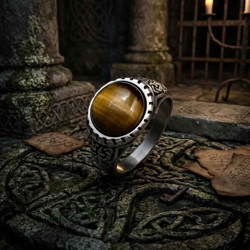 Vintage Patterned Gemstone Stainless Steel Ring with Natural Stone Inlay 12 Vintage Patterned Gemstone Stainless Steel Ring with Natural Stone Inlay