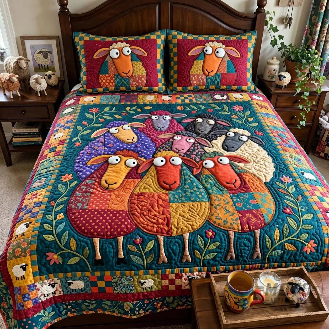 Patchwork Sheep Family Quilted Bedding Set with Colorful Cartoon Lambs