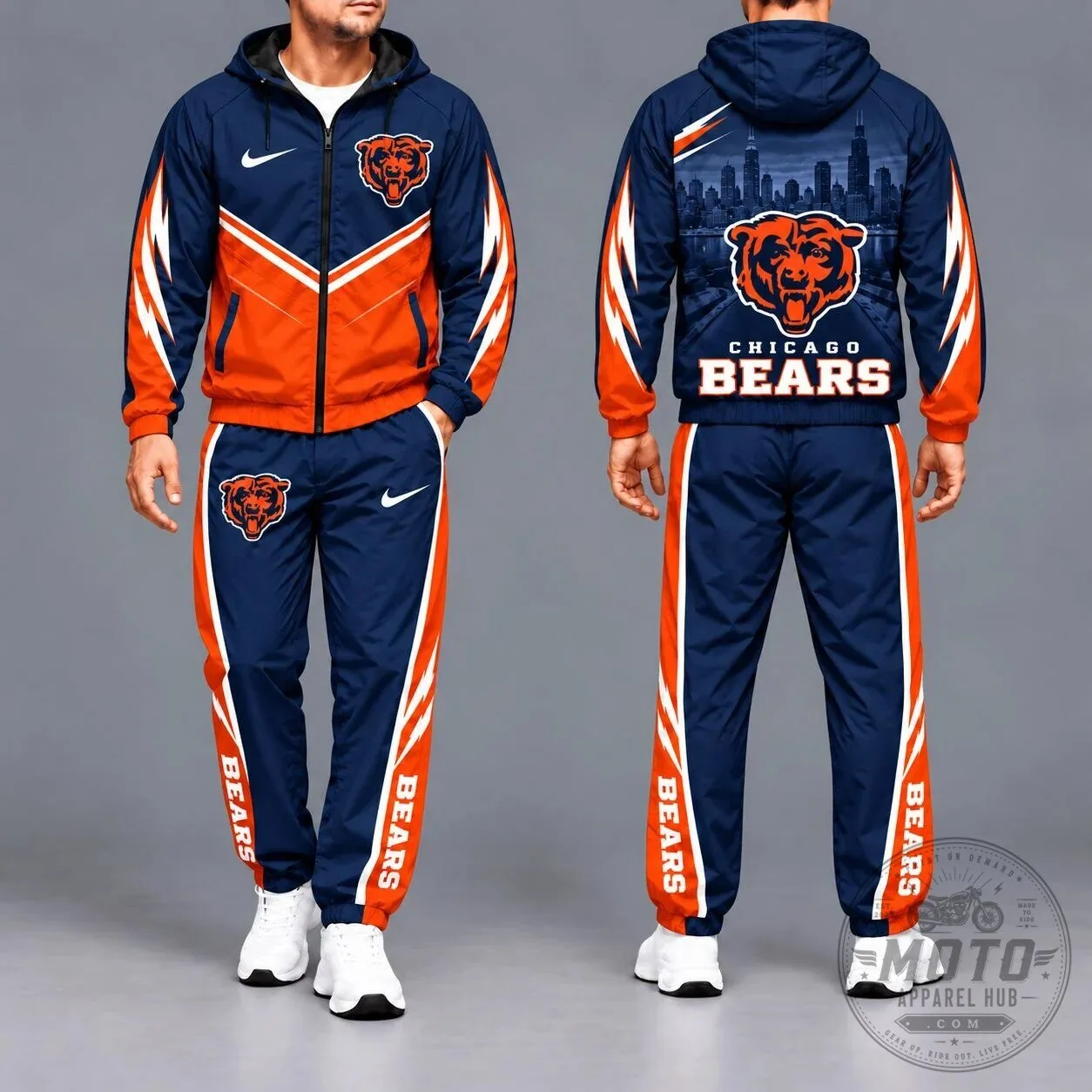 Chicago Bears NFL Football Team Logo and Skyline Design Full-Zip Hoodie Tracksuit
