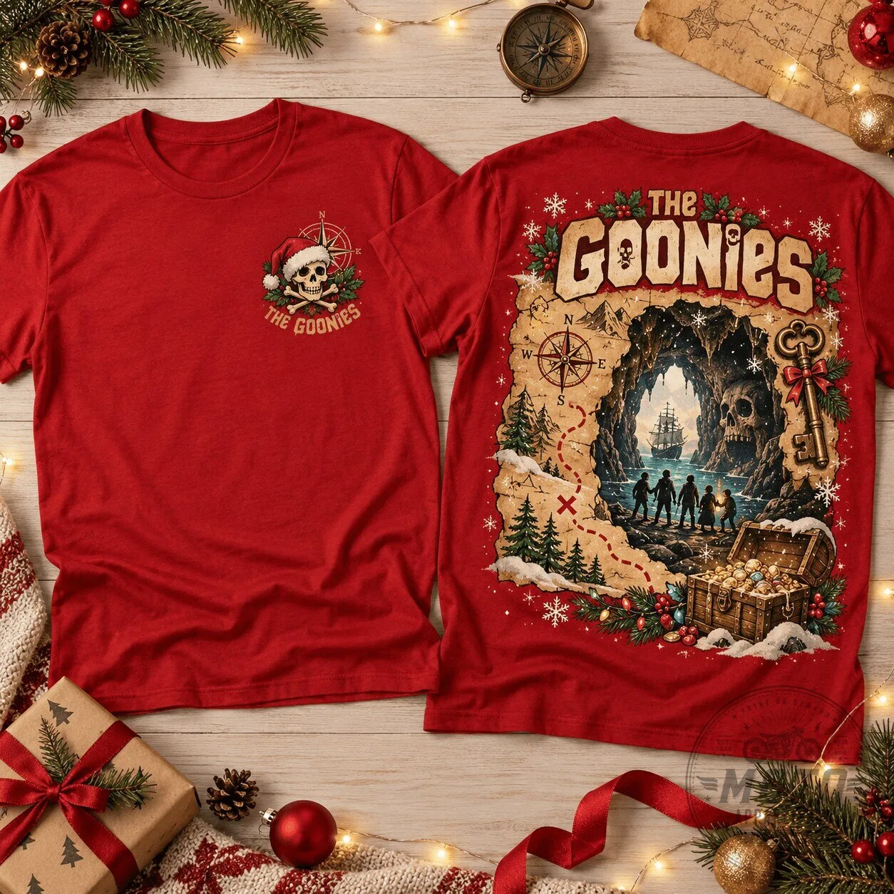 The Goonies Christmas Holiday Adventure Map Skull Red T-Shirt 1 The Goonies Christmas Holiday Adventure Map Skull Red T-Shirt