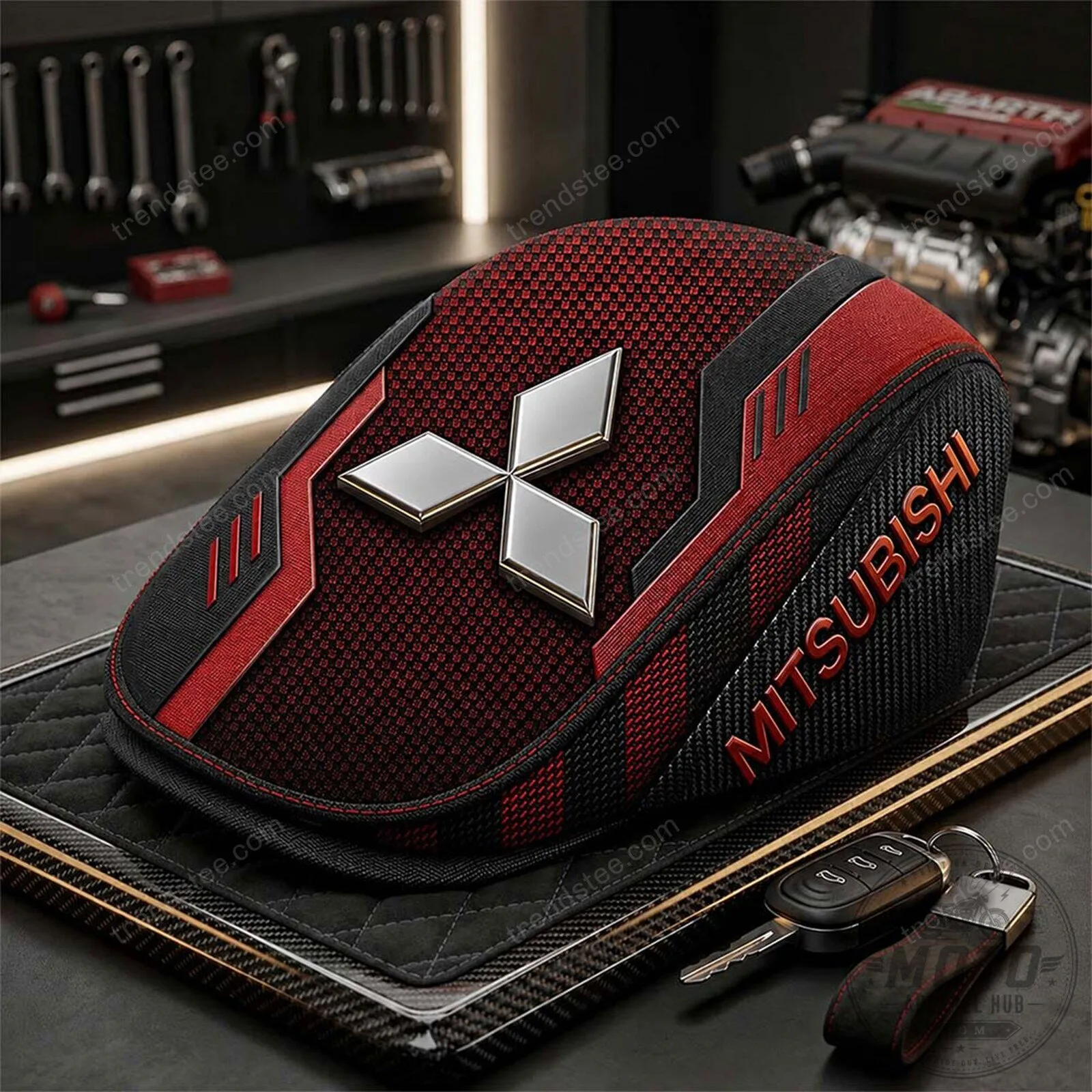 Mitsubishi Motors Red and Black Flat Cap for Car Enthusiasts